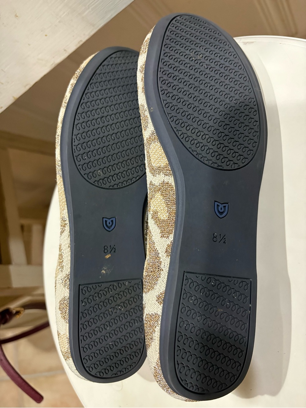 Rothy's Beige and Brown Leopard-Print Pointed Knit Flat with Blue Trim - Picture 2 of 3